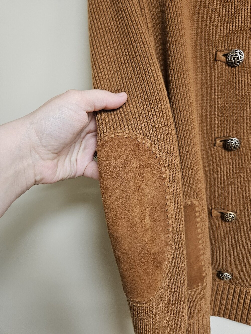 St. John Cashmere Wool Double Breasted Knit Sweater Cardigan Suede Large Tan - Picture 7 of 9